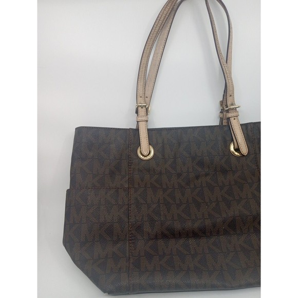 Michael Kors Jet Set MK Logo Brown Leather Tote Bag Purse - Picture 3 of 10